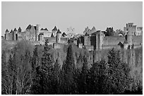 Distant view of fortified town. Carcassonne, France ( black and white)