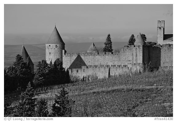 Historic fortified city. Carcassonne, France (black and white)