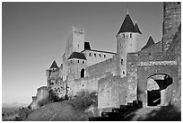 Fortress and gate, late afternoon. Carcassonne, France (black and white)