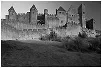 Fortified walls of the City. Carcassonne, France (black and white)