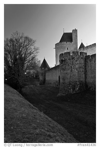 Fortifications at dusk. Carcassonne, France (black and white)