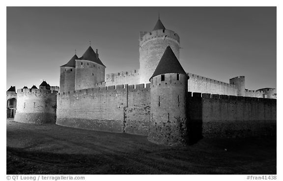 Rampart walls and stone towers. Carcassonne, France (black and white)