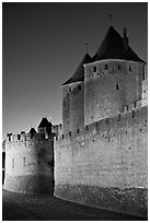 City fortifications by night. Carcassonne, France (black and white)