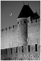 Ramparts and crescent moon. Carcassonne, France (black and white)