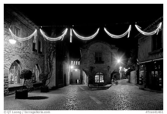 Place a Pierre Pont with Christmas decorations at night. Carcassonne, France (black and white)