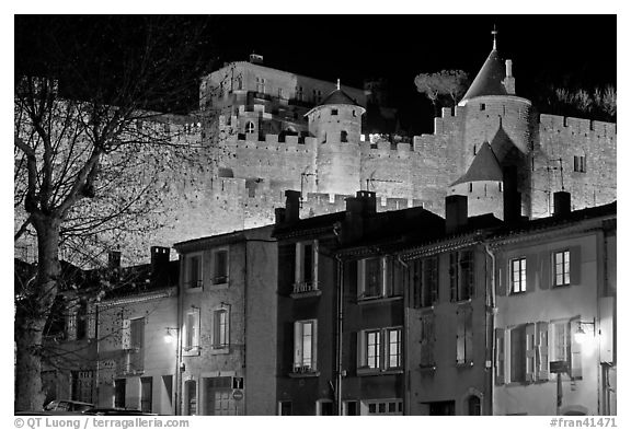 Houses and ramparts by night. Carcassonne, France (black and white)