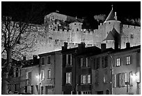 Houses and ramparts by night. Carcassonne, France (black and white)