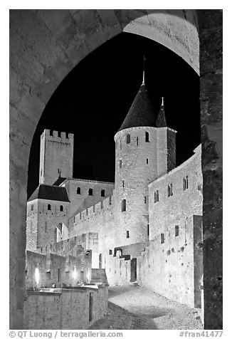 Medieval castle illuminated at night. Carcassonne, France (black and white)