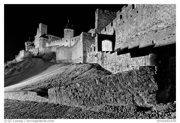 Fortress by night. Carcassonne, France (black and white)