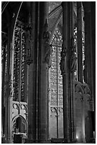 Columns, statues, and stained glass, basilique St-Nazaire. Carcassonne, France ( black and white)