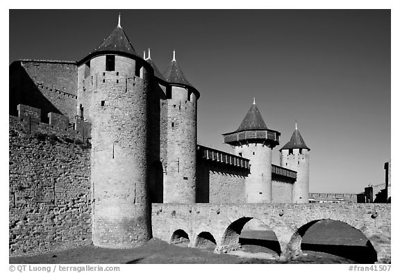 Chateau Comtal inside medieval city. Carcassonne, France (black and white)