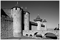 Chateau Comtal inside medieval city. Carcassonne, France (black and white)