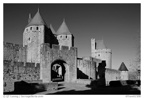 Main entrance of fortified city and drawbridge. Carcassonne, France