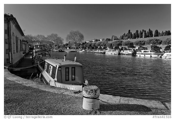 Basin with riverboats anchored, Canal du Midi. Carcassonne, France (black and white)