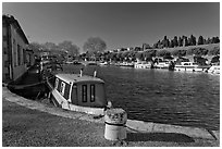 Basin with riverboats anchored, Canal du Midi. Carcassonne, France (black and white)