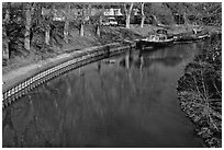 Bend with boats, Canal du Midi. Carcassonne, France (black and white)