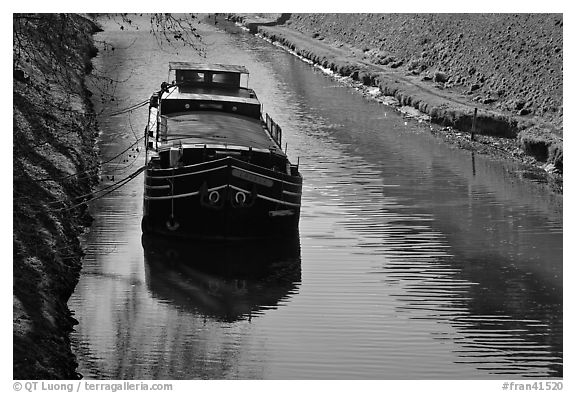 Barge, Canal du Midi. Carcassonne, France (black and white)