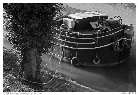 Anchored barge detail, Canal du Midi. Carcassonne, France