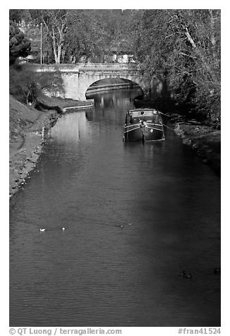 Ducks, barge and bridge, Canal du Midi. Carcassonne, France