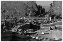 River navigation lock system, Canal du Midi. Carcassonne, France ( black and white)