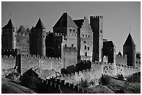 Castle and ramparts, medieval city. Carcassonne, France (black and white)