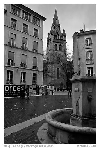 Fountain, square, and church. Grenoble, France (black and white)