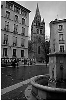 Fountain, square, and church. Grenoble, France ( black and white)