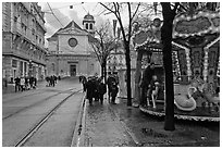 Street carousel and church. Grenoble, France ( black and white)