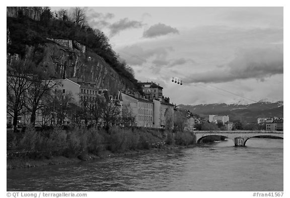 Isere River and cable-car at sunset. Grenoble, France (black and white)