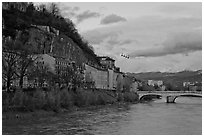 Isere River and cable-car at sunset. Grenoble, France (black and white)