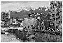 Isere riverbank and snowy mountains. Grenoble, France (black and white)