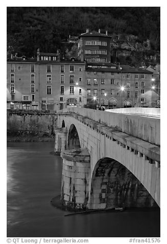 Pont de la Citadelle and old houses at dusk. Grenoble, France (black and white)