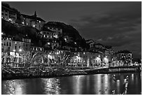 Night view with Isere River and illuminations reflected. Grenoble, France (black and white)
