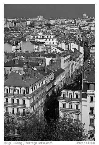 Aerial view of city heart. Lyon, France (black and white)