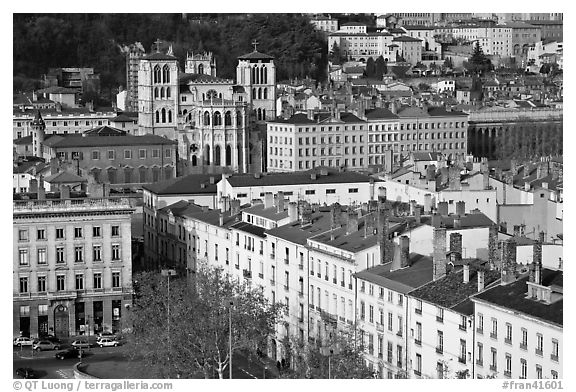 View of city and Saint Jean Cathedral. Lyon, France (black and white)