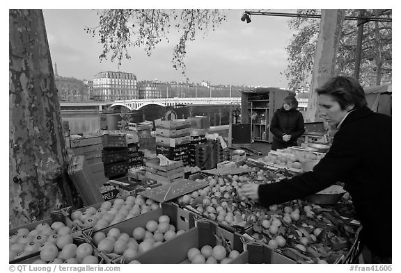 Fruit market on the banks of the Rhone River. Lyon, France (black and white)