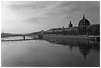 Rhone River and Hotel Dieu. Lyon, France (black and white)