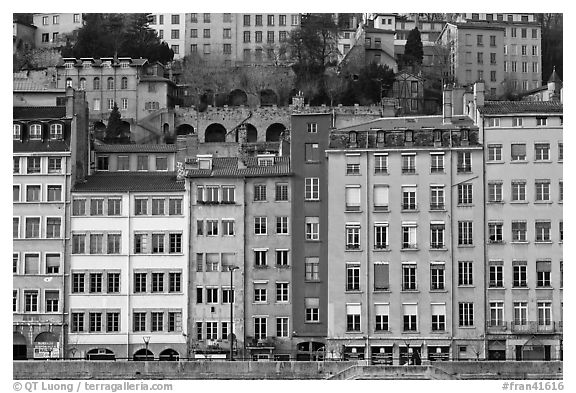 Painted houses on banks of the Saone River. Lyon, France (black and white)