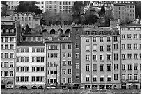 Painted houses on banks of the Saone River. Lyon, France (black and white)