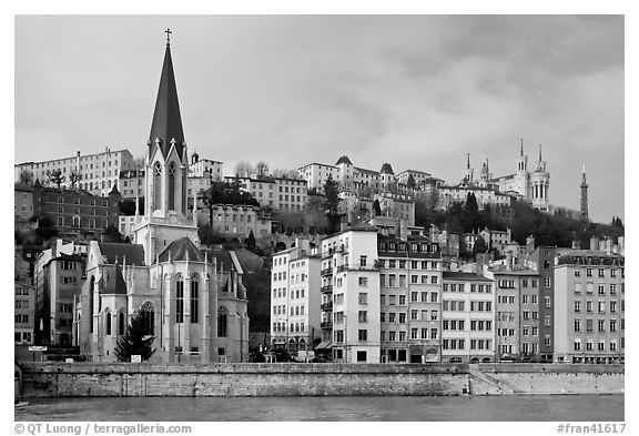 Church Saint George and Fourviere Hill. Lyon, France (black and white)