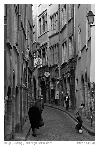 Narrow street in old city. Lyon, France (black and white)
