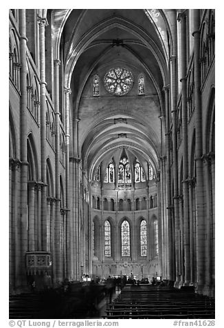 Gothic interior of Saint Jean Cathedral. Lyon, France (black and white)