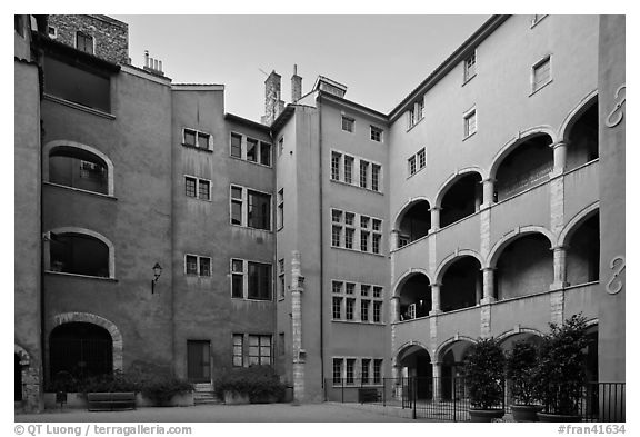 Historic house of Avocats, old district. Lyon, France (black and white)