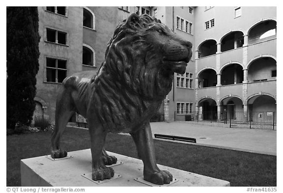 Lion sculpture, Maison des Avocats, historic district. Lyon, France (black and white)