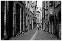 Rue du Boeuf, narrow historic street. Lyon, France (black and white)