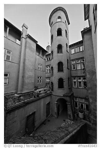 Tour Rose seen from courtyard. Lyon, France (black and white)