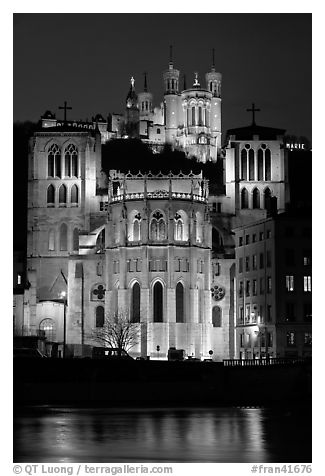 Cathedrale St Jean, Basilique Notre Dame de Fourviere by night. Lyon, France (black and white)