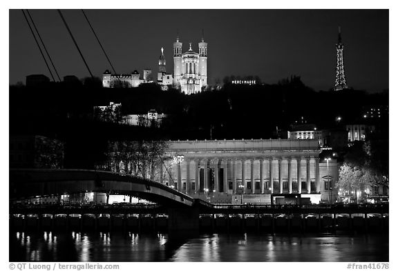 Passerelle, Palais de Justice, and Basilique Notre Dame de Fourviere by night. Lyon, France (black and white)
