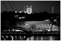 Passerelle, Palais de Justice, and Basilique Notre Dame de Fourviere by night. Lyon, France (black and white)