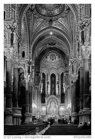 Inside Notre-Dame de Fourviere Basilique, decorated with frescos. Lyon, France